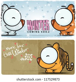 Winter vector card with funny cartoon tiger and text.