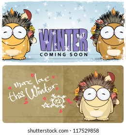 Winter vector card with funny hedgehog and text.