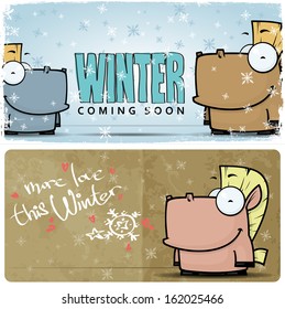 Winter vector card with funny horse and text.