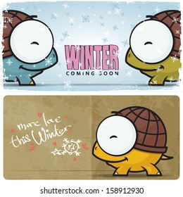 Winter vector card with funny turtle and text.