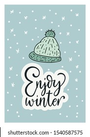 Winter vector card. Hand Drawn Merry Christmas Cartoon Doodle art with lettering quote Enjoy winter.