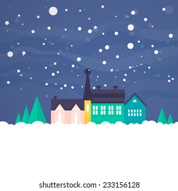 Winter vector card with house, nature and snow. Xmas celebration, christmas invitation, new year card design. Flat snowy town.  