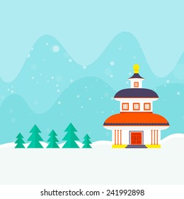 Winter vector card with house, nature and snow. Xmas celebration, christmas invitation, new year card design. Flat snowy town.  