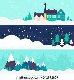 Winter vector card templates with town, trees and ski trail. Xmas celebration, christmas invitation, new year card design. 