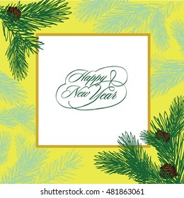 winter vector card, wedding invitation, anniversary, party, cover for the book. Spruce with cones