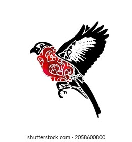 Winter vector Christmas card. Flying bullfinch. Vector illustration