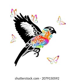Winter vector Christmas card. Flying bullfinch. Multicolored butterflies. Vector illustration