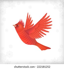 Winter vector Christmas card with flying bird waxwing