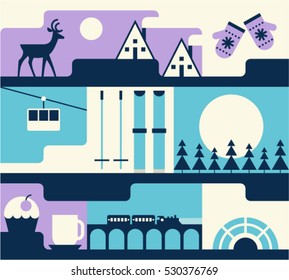 Winter, vector christmas flat illustration: deer, house, mittens, skiing, tree, food, train, igloo