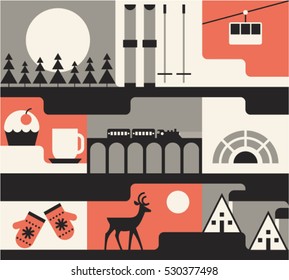 Winter, vector christmas flat illustration: deer, house, mittens, skiing, tree, food, train, igloo