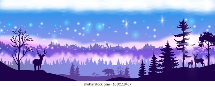 Winter vector Christmas landscape with forest outline, trees silhouette, wild animals, fog. Panoramic nature background with reindeer, bear, pine tree, night sky. Horizontal winter north landscape 