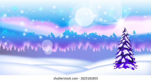 Winter vector Christmas landscape with tree, snow drifts, forest outline, starts, shining lights. Holiday x-mas background with Nordic woodland. Winter minimal panoramic landscape with aurora, pine