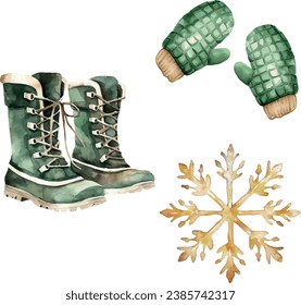 Winter vector Christmas, New Year`s decor. Brilliant golden snowflake, mittens, winter boots. Template, elements for greeting cards, invitation, poster, celebration, banner, print, party.