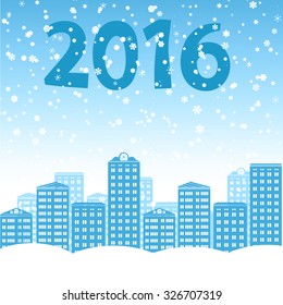 Winter vector city illustration - silhouettes of apartment buildings and a blizzard of snow.