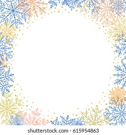 Winter vector colorful frame with arabesques and snowflakes. Fine greeting card. Pattern with snowflakes
