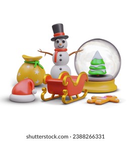 Winter vector composition in cartoon style. 3D smiling snowman, sleigh, bag with gifts, sweets, Christmas tree in snow globe. Cute color festive concept