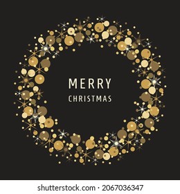 Composición vectorial de invierno. Lujosa corona navideña en tonos dorados Feliz Navidad y Feliz Año Nuevo. Adecuado para invitaciones y tarjetas de felicitación. Para texto, foto, fecha, logotipo, monograma