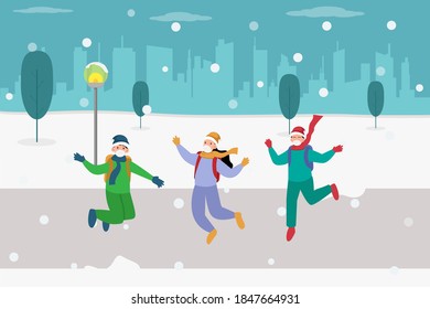 Wintervektorkonzept: Gruppe von Freunden, die im Winter im Park im Schnee springen