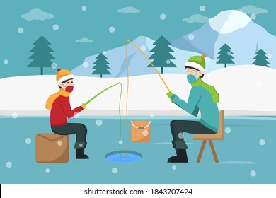 Winter vector concept: Happy father and his son in face mask fishing together on the frozen lake in winter time