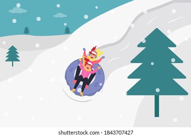 Winter vector concept: Happy teenage girl and her mother sliding on the snow hill with rubber circle tubing in wintertime