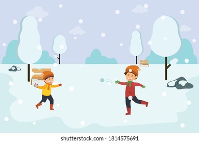 Winter vector concept: Two cute boys playing snowball fight while standing in the snowy park