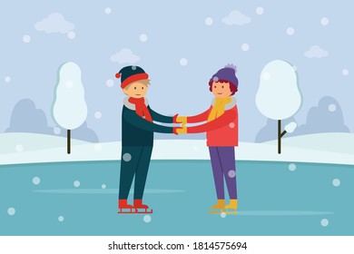 Winter vector concept: Young man and woman playing ice skating together on the ice 