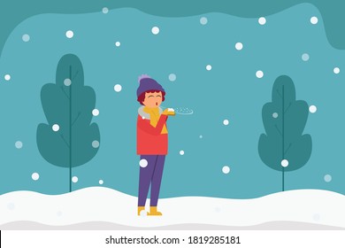 Winter vector concept: Young woman blowing snow while standing in the snowy park at winter time