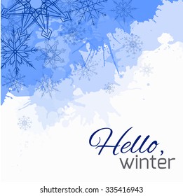 Winter vector cover  with doodle snowflakes and blue blobs for your business