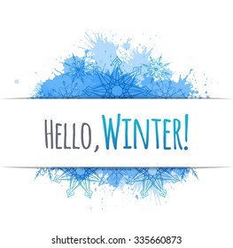 Winter vector cover with doodle snowflakes and blue blobs for your business