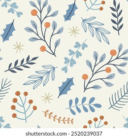 Winter vector cozy pattern design with plants, leaves, berries