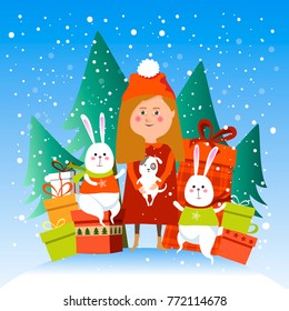 Winter vector   with cute girl elf  and rabbits and gifts.