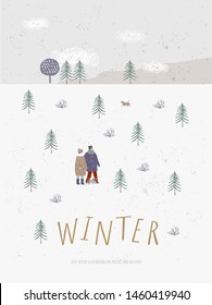 Winter. Vector cute illustration of landscape and people. Scandinavian Northern style Hugge. Painted background or pattern for poster, card and banner.
