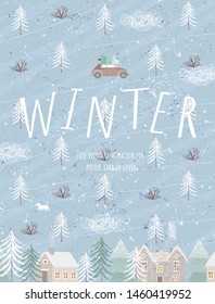 Winter. Vector cute illustration of landscape, houses and Christmas car. Scandinavian Northern style Hugge. Painted background or pattern for poster, card and banner.
