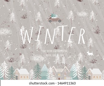   Invierno. Vector adorable ilustración del paisaje, casas y camión navideño. Enorme estilo escandinavo Norte. Fondo pintado o patrón para afiche, tarjeta y banner.
