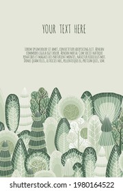 Winter Vector cute illustrations of green trees. Forest background