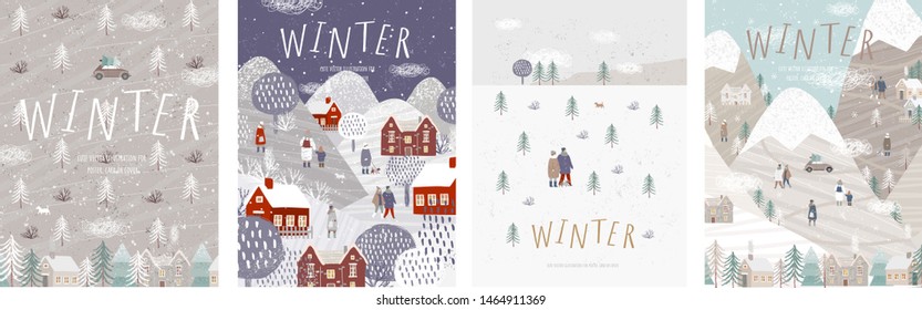 Inverno! Ilustrações fofas do vetor da natureza, paisagem, casas, árvores, família e pessoas para um fundo de Ano Novo e Natal.
