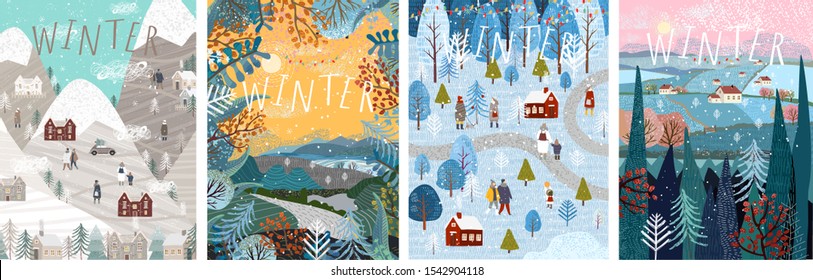 Winter! Vector cute illustrations of nature, landscape, houses, trees, family and people for a  New Year and Christmas background.
