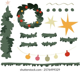 winter Vector Decoration Set, Spruce Branches, Christmas Stars and Garlands, Christmas Item Set Christmas Wreath Green Christmas Tree With Star Vector Home Decoration Elements