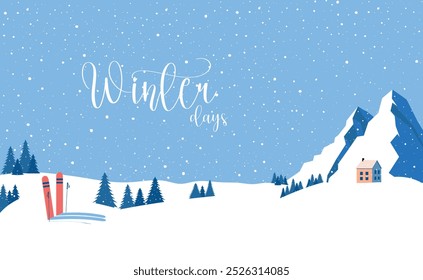 Winter vector design. Winter days.Hello,Winter.Greeting text with skis and fir trees in the mountains for cold season celebration. Let is Snow. Vector illustration.Great for banners, wallpapers, card