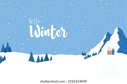 Winter vector design. Hello,Winter. Greeting text with fir trees in the mountains for cold season celebration. Let is Snow. Vector illustration.Winter days.Great for banners, wallpapers, cards