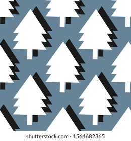 Winter vector design. Seamless pattern with white christmas trees with shadow on artistic blue background. New Year illustration for hoop, surface, packaging, postcard.