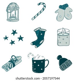 Winter vector details. Cozy isolated elements: lantern, candle, mittens, star, socks, cinnamon, cup, hut