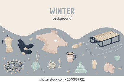Winter vector flat background with set of elements for winter decor. Abstract background with place for text for banners, posters, cover design templates and wallpaper. Sweater weather. Hello winter