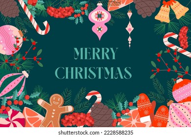 Winter vector flat illustration.Horizontal frame made of branches and cones of coniferous trees,berries and Christmas decorations,tangerines hand drawn on a dark background. Merry Christmas.website 