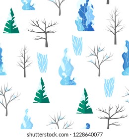 Winter vector flat seamless pattern.Fantasy color leaves source,branches and trees vector illustration flat design.Stock vector