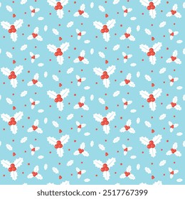 Winter vector flat stylized illustration of white holly leaves with red berries on a blue background. Seamless Christmas pattern.