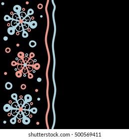 Winter vector frame with arabesques, doodles and blue snowflakes. Fine greeting card. Vertical colorful seamless pattern on black background with copy space (place for your text).