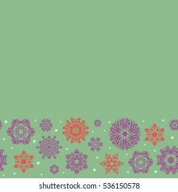Winter vector frame with arabesques, doodles, dots and snowflakes. Fine greeting card. Horizontal colorful seamless pattern on a neutral background with copy space (place for your text).
