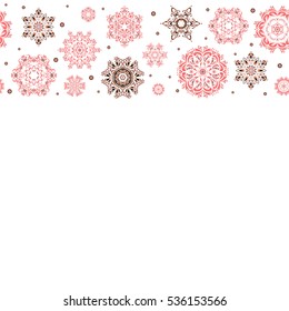 Winter vector frame with arabesques, doodles and pink and orange snowflakes. Fine greeting card. Horizontal colorful seamless pattern on white background with copy space (place for your text).