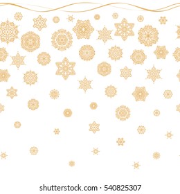 Winter vector frame with arabesques, doodles and beige snowflakes. Fine greeting card. Colorful seamless pattern on white background.